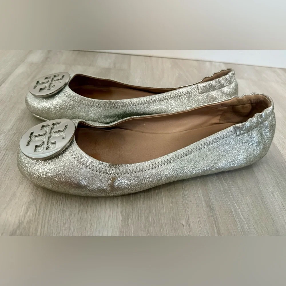 Tory Burch Minnie Travel Ballet Flat Royal Metallic Sliver Womans sz 9.5
